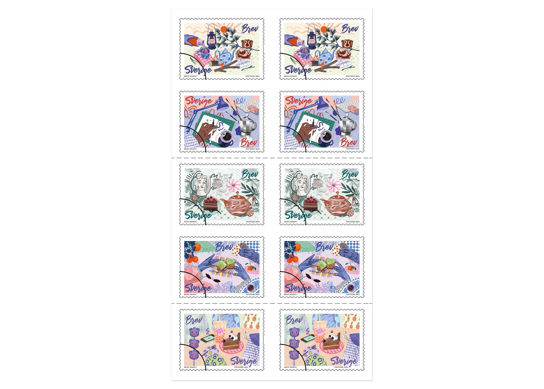 Frimärkshäfte med 10 frimärken, 5 motiv av illustrerade fikastunder.